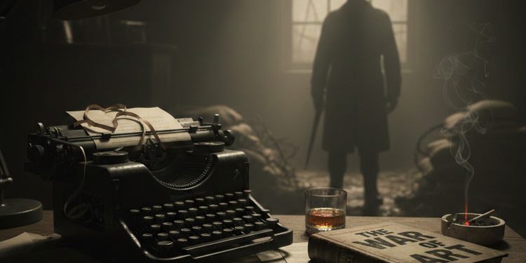 Uma máquina de escrever antiga em uma mesa de madeira ao lado do livro "The War of Art", com uma silhueta misteriosa ao fundo em um ambiente esfumaçado.
