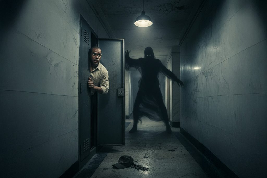 Homem negro com expressão de pavor escondido em um armário de metal em corredor sombrio de prédio antigo, enquanto uma entidade feita de fumaça negra ataca outra pessoa ao fundo.