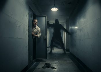 Homem negro com expressão de pavor escondido em um armário de metal em corredor sombrio de prédio antigo, enquanto uma entidade feita de fumaça negra ataca outra pessoa ao fundo.
