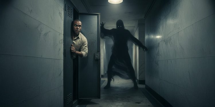 Homem negro com expressão de pavor escondido em um armário de metal em corredor sombrio de prédio antigo, enquanto uma entidade feita de fumaça negra ataca outra pessoa ao fundo.