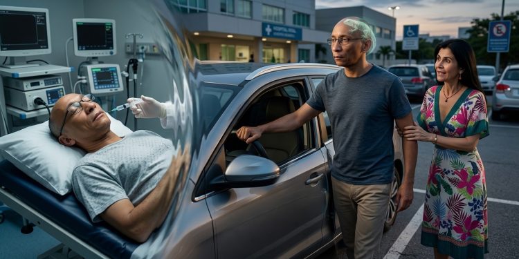 Ilustração hiper-realista dividida de forma conceitual: à esquerda, um homem careca com óculos está deitado em uma maca de hospital recebendo sedação de um médico; à direita, no estacionamento do hospital, o mesmo homem caminha em direção a um carro ao lado de uma mulher de cabelos longos e escuros usando um vestido floral. Sobre a cabeça do homem, há uma sutil projeção brilhante de um pequeno lagarto verde, simbolizando o cérebro reptiliano.