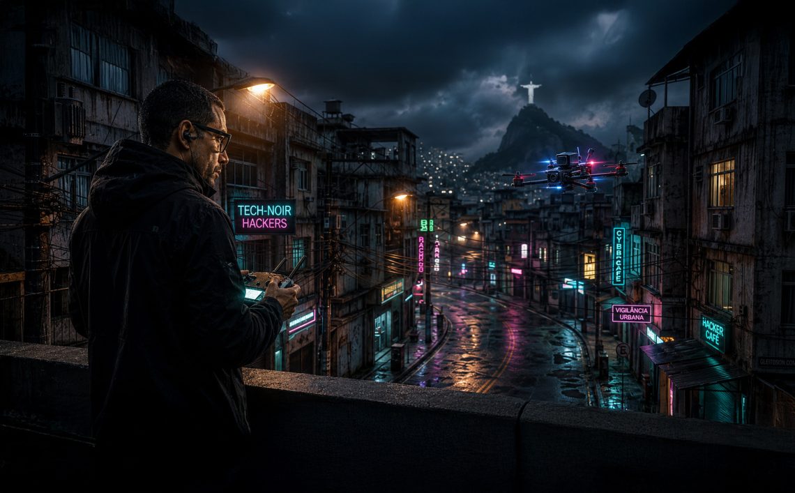 Homem de costas operando um controle de drone em uma noite escura e iluminada por luzes neon em uma favela do Rio de Janeiro, ilustrando o protagonista e a atmosfera tech-noir do thriller policial O Operador.