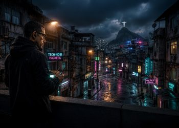 Homem de costas operando um controle de drone em uma noite escura e iluminada por luzes neon em uma favela do Rio de Janeiro, ilustrando o protagonista e a atmosfera tech-noir do thriller policial O Operador.