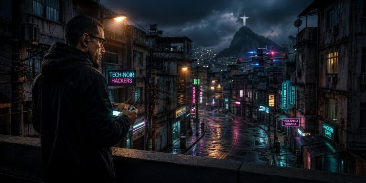 Homem de costas operando um controle de drone em uma noite escura e iluminada por luzes neon em uma favela do Rio de Janeiro, ilustrando o protagonista e a atmosfera tech-noir do thriller policial O Operador.