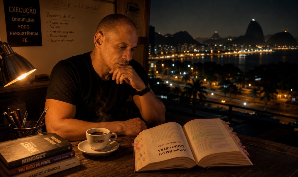 Homem focado a ler atentamente o livro "Assim Falou Zaratustra" durante a noite, com vista para a baía do Rio de Janeiro. Na mesa de madeira rústica, uma chávena de café com o nome Robert e uma pilha de livros de desenvolvimento pessoal, ilustrando a prática de leitura profunda e slow reading.