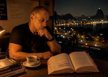 Homem focado a ler atentamente o livro "Assim Falou Zaratustra" durante a noite, com vista para a baía do Rio de Janeiro. Na mesa de madeira rústica, uma chávena de café com o nome Robert e uma pilha de livros de desenvolvimento pessoal, ilustrando a prática de leitura profunda e slow reading.