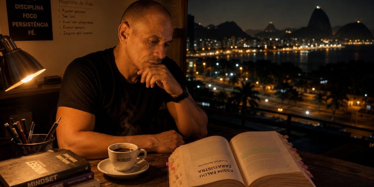 Homem focado a ler atentamente o livro "Assim Falou Zaratustra" durante a noite, com vista para a baía do Rio de Janeiro. Na mesa de madeira rústica, uma chávena de café com o nome Robert e uma pilha de livros de desenvolvimento pessoal, ilustrando a prática de leitura profunda e slow reading.