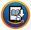 Um ícone circular moderno com uma borda dupla em azul profundo e laranja vibrante. No centro, um e-reader Kindle preto estilizado com uma tela branca. Uma seta de download branca e grossa com um contorno azul está sobreposta ao Kindle, apontando para baixo. Abaixo do Kindle, o sorriso laranja da Amazon curva-se sutilmente. Uma mão de cursor branca está clicando ativamente no centro da tela do Kindle, onde um ícone de livro aberto está visível. O fundo do círculo é um gradiente azul suave.