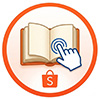 Um ícone circular moderno com uma borda laranja vibrante. No centro, um livro físico aberto com páginas texturizadas. Uma mão de cursor branca com um ripple de clique azul está ativamente clicando nas páginas. Abaixo do livro, uma sacola de compras laranja com a letra 'S' branca e o detalhe do sorriso da Shopee. O fundo interno do círculo é um gradiente suave de laranja para branco.