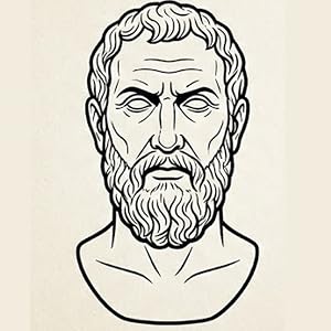 Ilustração vetorial em preto e branco do busto de um pensador clássico greco-romano, com barba espessa e expressão severa, desenhada com linhas simples em um fundo claro.