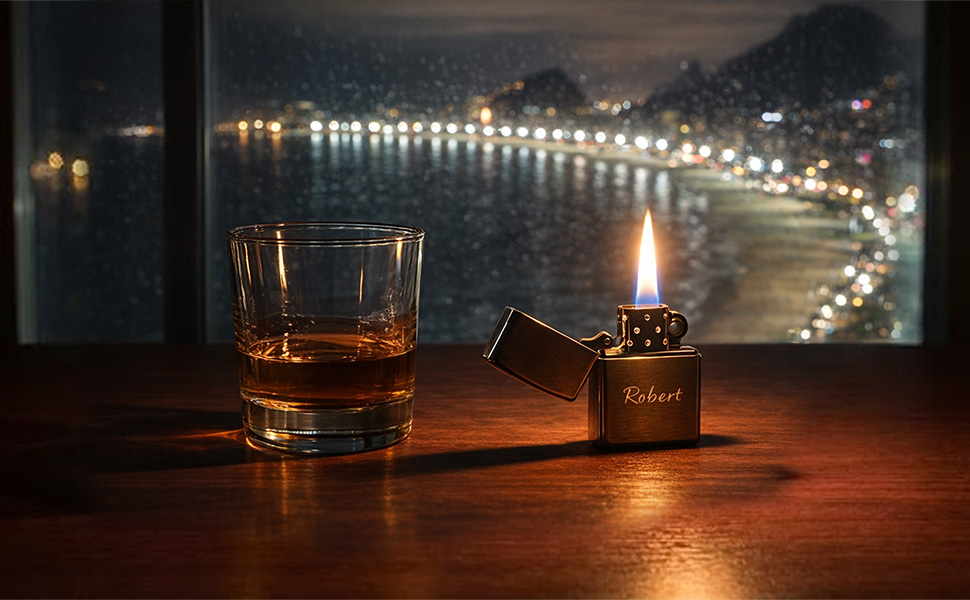 A cinematic, atmospheric photograph at night. A tumbler with amber whisky and a lit silver Zippo lighter engraved with the name "Robert" sit on a wooden table. A rain-slicked window overlooks the city lights of Copacabana beach in Rio de Janeiro, at night.