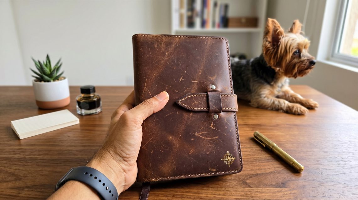 Uma mão a segurar uma agenda de couro castanha rústica sobre uma secretária de madeira. Ao fundo, encontram-se um cão Yorkshire Terrier, uma caneta dourada, um tinteiro e uma pequena planta.