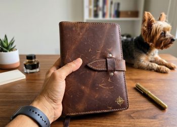 Uma mão a segurar uma agenda de couro castanha rústica sobre uma secretária de madeira. Ao fundo, encontram-se um cão Yorkshire Terrier, uma caneta dourada, um tinteiro e uma pequena planta.