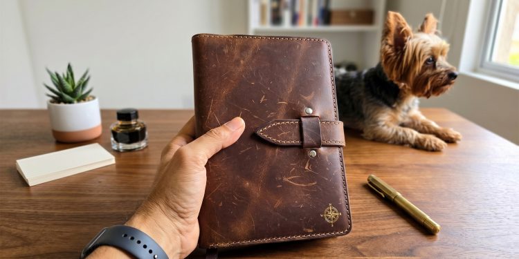 Uma mão a segurar uma agenda de couro castanha rústica sobre uma secretária de madeira. Ao fundo, encontram-se um cão Yorkshire Terrier, uma caneta dourada, um tinteiro e uma pequena planta.