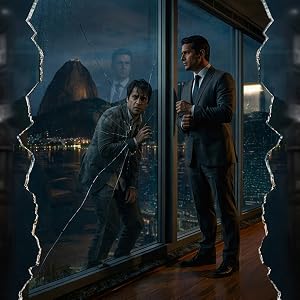 Uma fotografia dramática e cinematográfica ambientada à noite em um escritório de luxo em uma cobertura de arranha-céu no Rio de Janeiro, com o Pão de Açúcar visível através da vidraça rachada. Um confidente Robert (direita), vestindo terno e gravata, está calmo e ajustando abotoaduras. Ele é separado por uma fenda central na vidraça de um desesperado e aterrorizado Fernando (esquerda), agachado e segurando o vidro quebrado. Fernando usa uma jaqueta de couro distressed. A composição enfatiza a mente fraturada e a dualidade da persona.