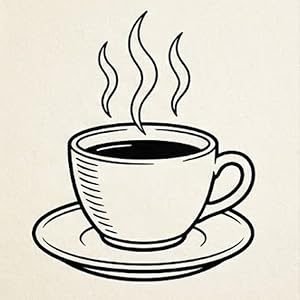 Ilustração minimalista em preto e branco de uma xícara de café fumegante sobre um pires, feita com traços de linha simples e limpos em um fundo claro.
