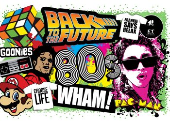 Colagem colorida com elementos da cultura pop dos anos 80, incluindo logótipos do Regresso ao Futuro, Os Goonies, Pac-Man, um cubo mágico, um comando da Nintendo, Super Mario e ícones da música da época.