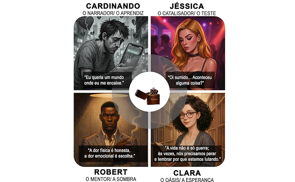 Imagem dividida em quatro quadrantes ilustrando os arquétipos dos personagens do livro O Evangelho Segundo Robert: Cardinando/Fernando (O Narrador), Jéssica (O Catalisador), Robert (O Mentor) e Clara (O Oásis), cada um acompanhado de uma citação do texto. No centro, sobrepondo os quadros, há um isqueiro Zippo prateado aceso com o nome Robert gravado.