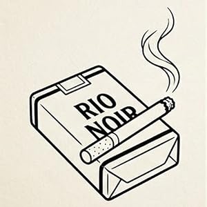 Ilustração minimalista em preto e branco de um maço de cigarros com a inscrição 'RIO NOIR' na frente, acompanhado de um cigarro aceso soltando fumaça apoiado sobre a embalagem.