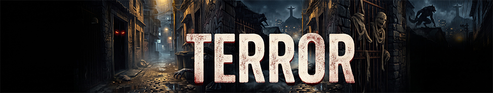 banner-livros-de-terror-robertverso-horror-urbano-rio-de-janeiro Banner horizontal escuro ilustrando um beco chuvoso no Rio de Janeiro à noite. Nas sombras, silhuetas de monstros como lobisomens e vampiros espreitam. No centro, o texto "Livros de Terror: Bem-vindo ao RobertVerso.