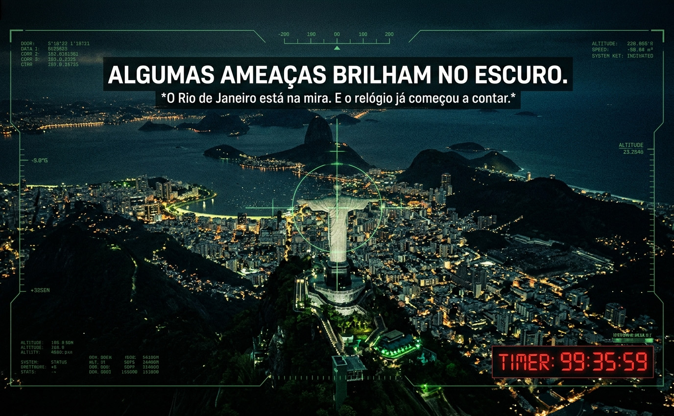 ​Visão noturna aérea do Rio de Janeiro destacando o Cristo Redentor sob a mira de um drone militar. A imagem possui uma interface tecnológica (HUD) verde com coordenadas, um cronômetro digital vermelho no canto inferior marcando 99:35:59, e o letreiro centralizado: "Algumas ameaças brilham no escuro. O Rio de Janeiro está na mira. E o relógio já começou a contar."