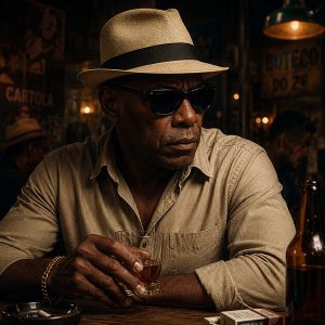 RobertVerso – O Malandro Robert como malandro em um boteco carioca, usando chapéu Panamá e óculos escuros, segurando um copo de uísque em uma atmosfera noir e cinematográfica.