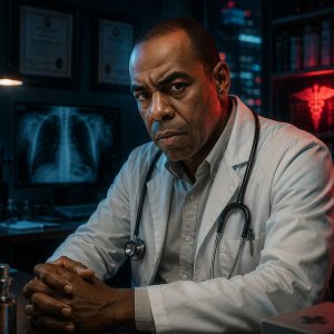 RobertVerso – O Médico Robert como médico em um consultório moderno, usando jaleco branco e estetoscópio, com expressão séria e iluminação cinematográfica em tons de azul e vermelho.