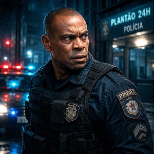 O Policial | RobertVerso Policial militar inspirado em Robert, usando uniforme tático da PMERJ em cenário urbano noturno, iluminado por luzes vermelhas e azuis de viaturas, em estilo cinematográfico neo-noir.