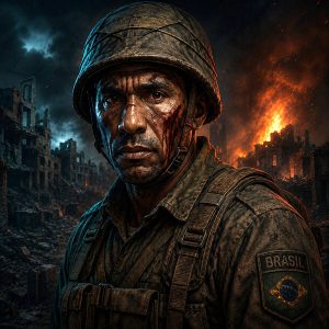 RobertVerso – O Soldado Robert como soldado brasileiro em um cenário de guerra, usando uniforme militar e capacete, com marcas de combate no rosto e uma cidade em chamas ao fundo.