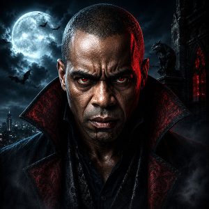 O Vampiro | RobertVerso Retrato de um vampiro inspirado em Robert, com olhos vermelhos brilhantes, presas aparentes e traje gótico elegante, diante de uma lua cheia em cenário sombrio de estilo cinematográfico neo-noir.