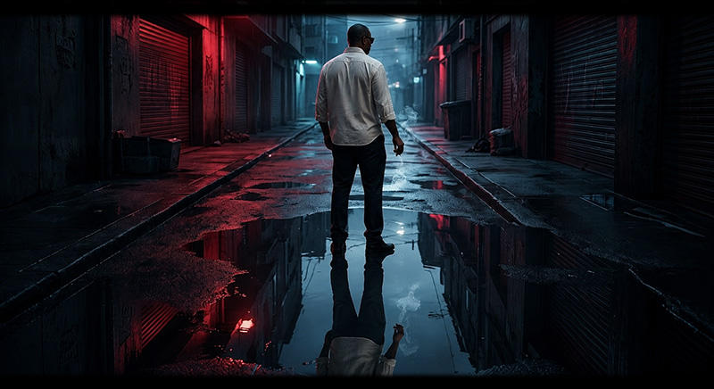 Robert Conceitual – O Reflexo da Noite | RobertoVerso Robert observa um beco escuro enquanto seu reflexo em uma poça d'água simboliza sua identidade conceitual em uma atmosfera noir e psicológica.