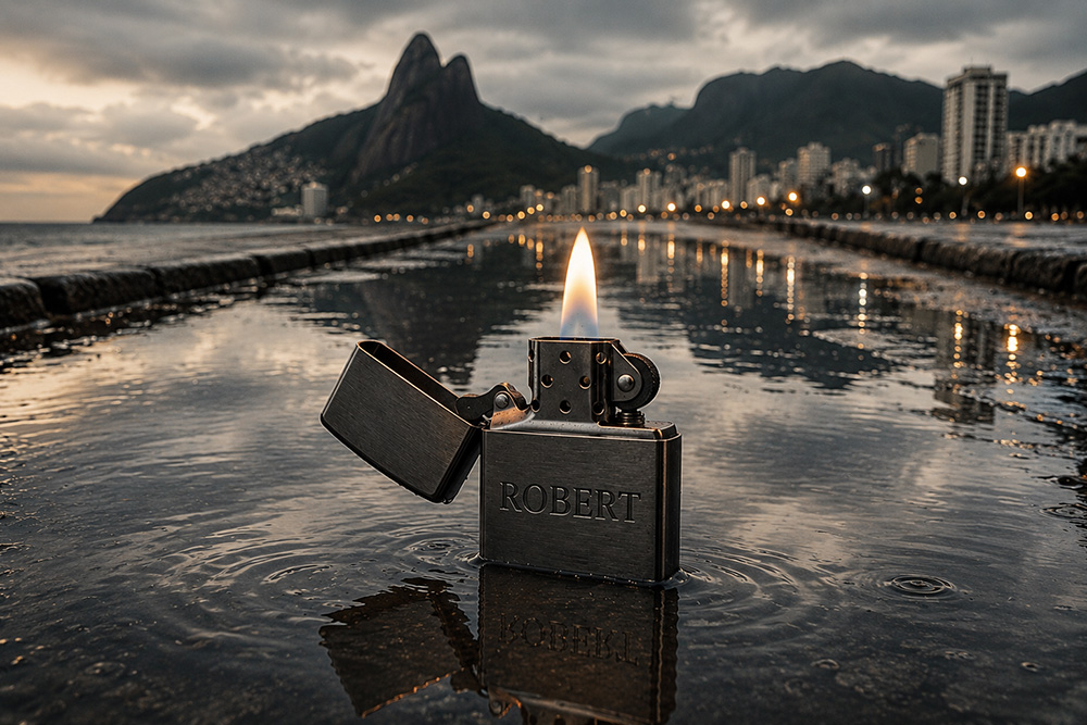 Banner RobertVerso – Isqueiro Robert na Orla do Rio de Janeiro Banner principal do RobertVerso com isqueiro Zippo preto gravado com o nome Robert, aceso sobre uma poça d'água na orla do Rio de Janeiro, com o Morro Dois Irmãos ao fundo em tons cinematográficos.