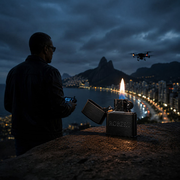 ​Em primeiro plano, uma mão segura um isqueiro Zippo preto tático com uma chama azul intensa, contendo a gravação de um drone e o texto "Pássaro-Z02". Ao fundo, sob uma chuva leve à noite, o protagonista Robert (de jaqueta de couro e jeans) está de costas, segurando o controle do drone e observando o horizonte iluminado do Rio de Janeiro, com o Cristo Redentor em destaque. A imagem possui um filtro de visão tática (HUD) verde-néon, típica de espionagem militar e estilo tech-noir.