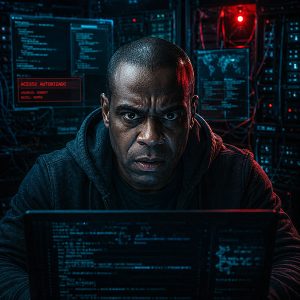 RobertVerso – O Hacker Robert hacker em sala de servidores, cercado por telas com códigos e iluminação azul e vermelha, representando o lado tecnológico e clandestino do universo RobertVerso.