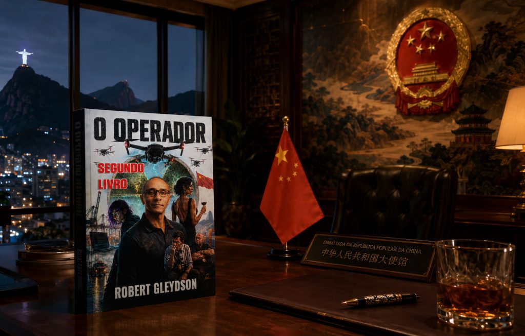 Livro "O Operador – Segundo Livro", de Robert Gleydson, sobre mesa em ambiente diplomático inspirado na embaixada chinesa, ilustrando reportagem sobre o lançamento do thriller de espionagem.