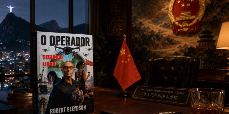 Livro "O Operador – Segundo Livro", de Robert Gleydson, sobre mesa em ambiente diplomático inspirado na embaixada chinesa, ilustrando reportagem sobre o lançamento do thriller de espionagem.