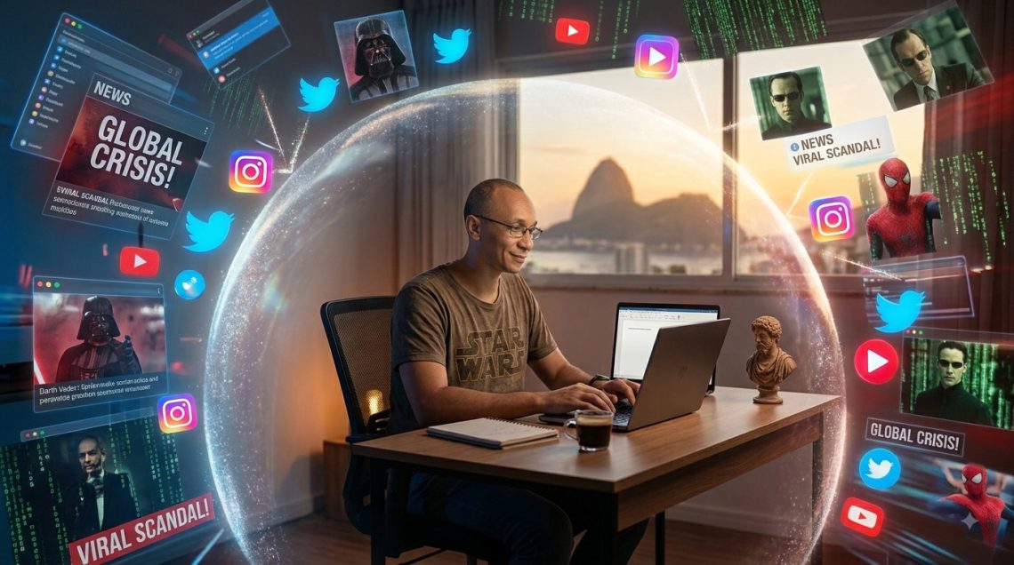Um homem focado em seu laptop, com a cabeça ajustada para proporções ideais, protegido por um escudo de energia brilhante, repelindo um turbilhão caótico de notificações de redes sociais, manchetes de notícias e ícones da cultura pop com o Pão de Açúcar ao fundo no Rio de Janeiro.