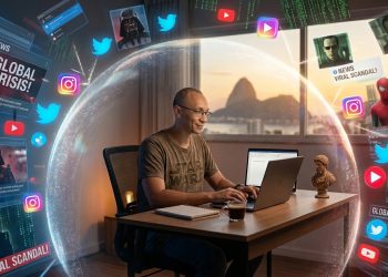 Um homem focado em seu laptop, com a cabeça ajustada para proporções ideais, protegido por um escudo de energia brilhante, repelindo um turbilhão caótico de notificações de redes sociais, manchetes de notícias e ícones da cultura pop com o Pão de Açúcar ao fundo no Rio de Janeiro.