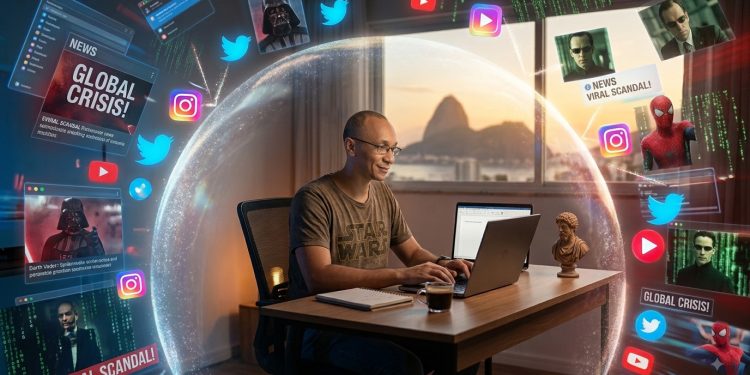 Um homem focado em seu laptop, com a cabeça ajustada para proporções ideais, protegido por um escudo de energia brilhante, repelindo um turbilhão caótico de notificações de redes sociais, manchetes de notícias e ícones da cultura pop com o Pão de Açúcar ao fundo no Rio de Janeiro.
