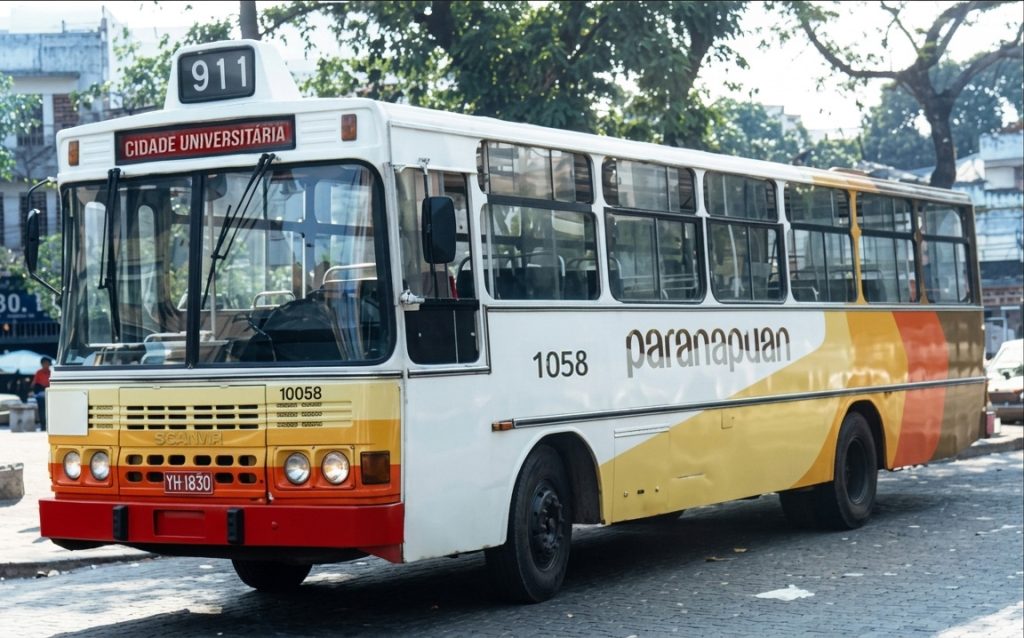 Ônibus antigo da Transportes Paranapuan, linha 911 Bonsucesso x Cidade Universitária, em alta resolução.