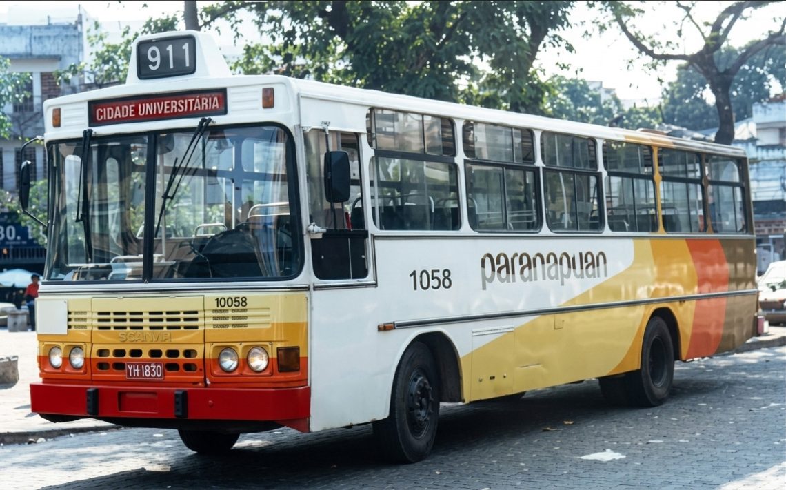Ônibus antigo da Transportes Paranapuan, linha 911 Bonsucesso x Cidade Universitária, em alta resolução.