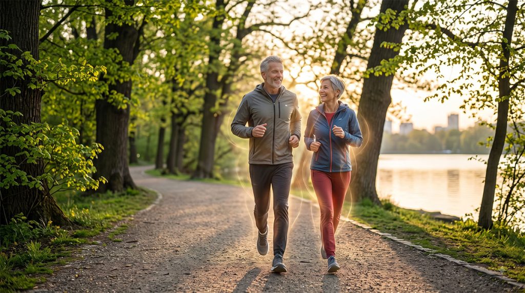 Um homem e uma mulher de cabelos grisalhos e barba, ambos sorrindo e correndo de forma vital lado a lado em um caminho de parque ao nascer do sol, com uma luz sutil de regeneração emanando de seus peitos e ombros.