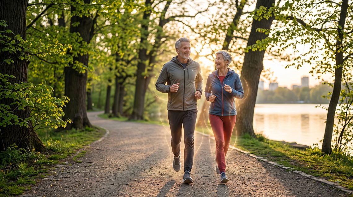 Um homem e uma mulher de cabelos grisalhos e barba, ambos sorrindo e correndo de forma vital lado a lado em um caminho de parque ao nascer do sol, com uma luz sutil de regeneração emanando de seus peitos e ombros.