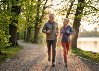 Um homem e uma mulher de cabelos grisalhos e barba, ambos sorrindo e correndo de forma vital lado a lado em um caminho de parque ao nascer do sol, com uma luz sutil de regeneração emanando de seus peitos e ombros.