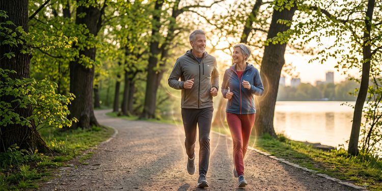 Um homem e uma mulher de cabelos grisalhos e barba, ambos sorrindo e correndo de forma vital lado a lado em um caminho de parque ao nascer do sol, com uma luz sutil de regeneração emanando de seus peitos e ombros.