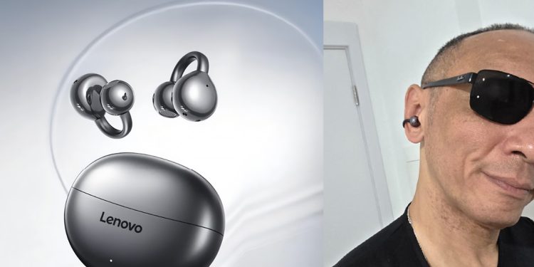 Imagem dividida mostrando os fones abertos Lenovo TA410 e seu estojo de carregamento prateado à esquerda, e à direita, um homem de óculos escuros demonstrando o uso do fone clip-on preso à cartilagem da orelha.