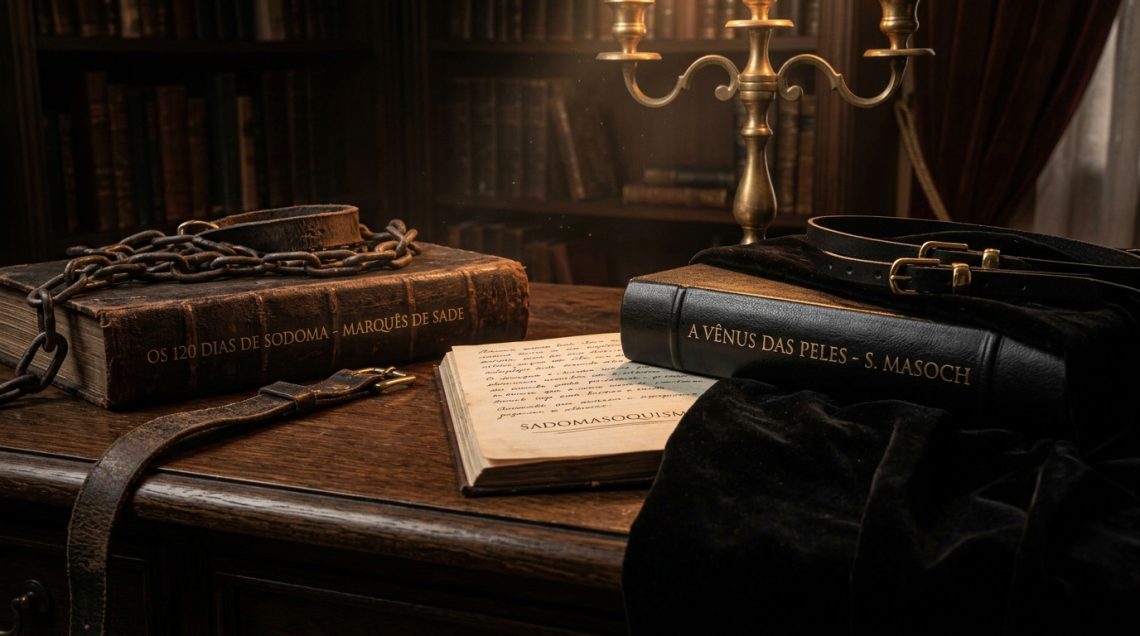 Uma composição fotográfica dramática em uma escrivaninha de madeira escura e envelhecida, iluminada por um candelabro. Dois volumes de livros antigos e desgastados são o foco. O livro da esquerda, em couro marrom áspero, tem o título 'OS 120 DIAS DE SODOMA - MARQUÊS DE SADE' e uma corrente de ferro rústica sobre ele. O livro da direita, em couro preto elegante, tem o título 'A VÊNUS DAS PELES - S. MASOCH', repousando sobre veludo preto macio. No centro, um jornal antigo com caligrafia em português e a palavra 'SADOMASOQUISM' sublinhada. O fundo é uma biblioteca sombria.