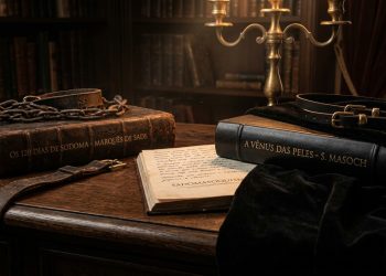 Uma composição fotográfica dramática em uma escrivaninha de madeira escura e envelhecida, iluminada por um candelabro. Dois volumes de livros antigos e desgastados são o foco. O livro da esquerda, em couro marrom áspero, tem o título 'OS 120 DIAS DE SODOMA - MARQUÊS DE SADE' e uma corrente de ferro rústica sobre ele. O livro da direita, em couro preto elegante, tem o título 'A VÊNUS DAS PELES - S. MASOCH', repousando sobre veludo preto macio. No centro, um jornal antigo com caligrafia em português e a palavra 'SADOMASOQUISM' sublinhada. O fundo é uma biblioteca sombria.