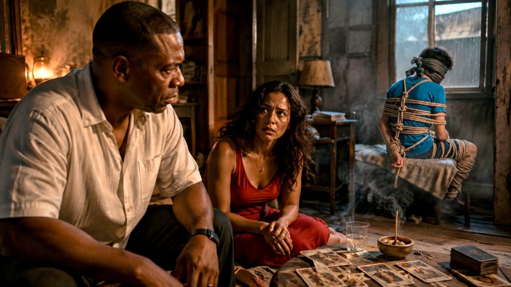 Cena cinematográfica de suspense psicológico em um cativeiro sombrio em Santa Teresa, no Rio de Janeiro. Um homem e uma mulher observam apreensivos um jovem sentado ao fundo, enquanto cartas de tarô e incenso criam uma atmosfera de mistério, paranoia e tensão.