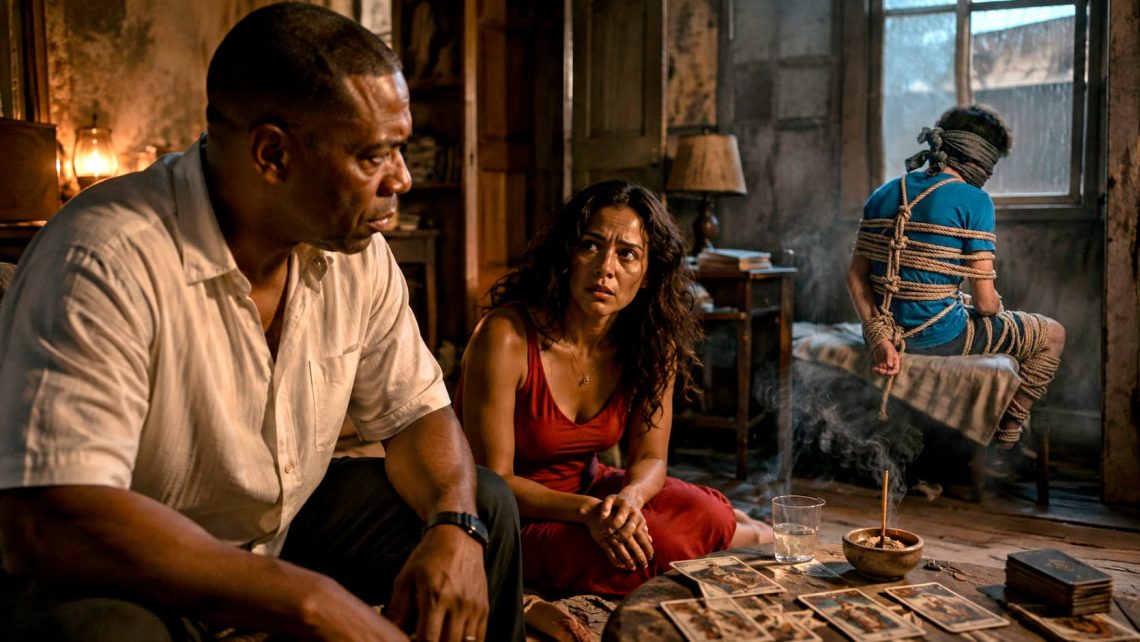 Cena cinematográfica de suspense psicológico em um cativeiro sombrio em Santa Teresa, no Rio de Janeiro. Um homem e uma mulher observam apreensivos um jovem sentado ao fundo, enquanto cartas de tarô e incenso criam uma atmosfera de mistério, paranoia e tensão.